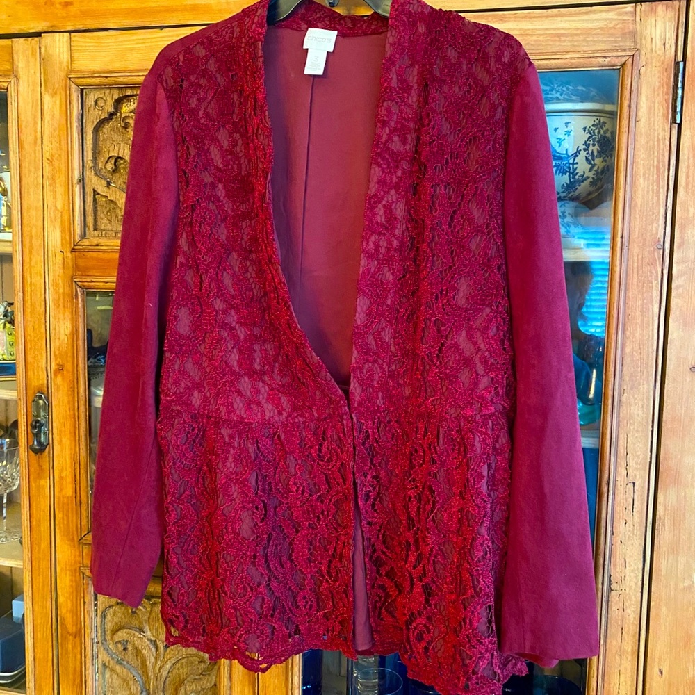 Burgundy faux suede and lace jacket